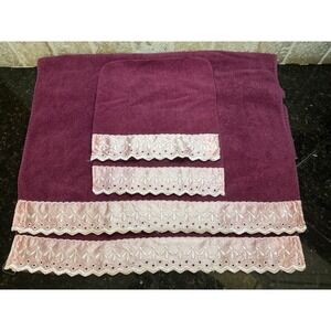 Vintage Cannon Towels Set Burgundy Pink Maroon Satin Lace Trim Bathroom Linens